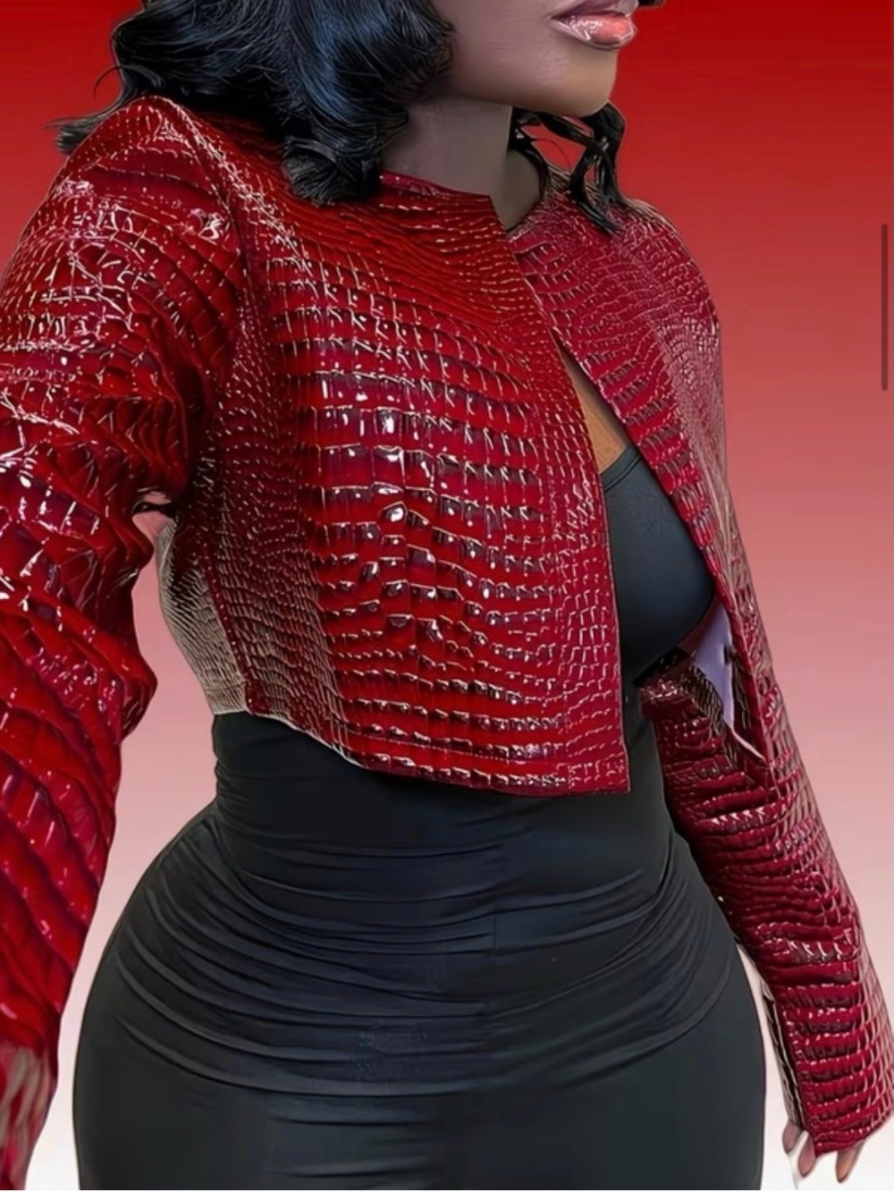 JACKET: Hard Red Crocodile Texture PVC, Short, Crewneck, Non-Stretch, NWOT - Picture 8 of 9